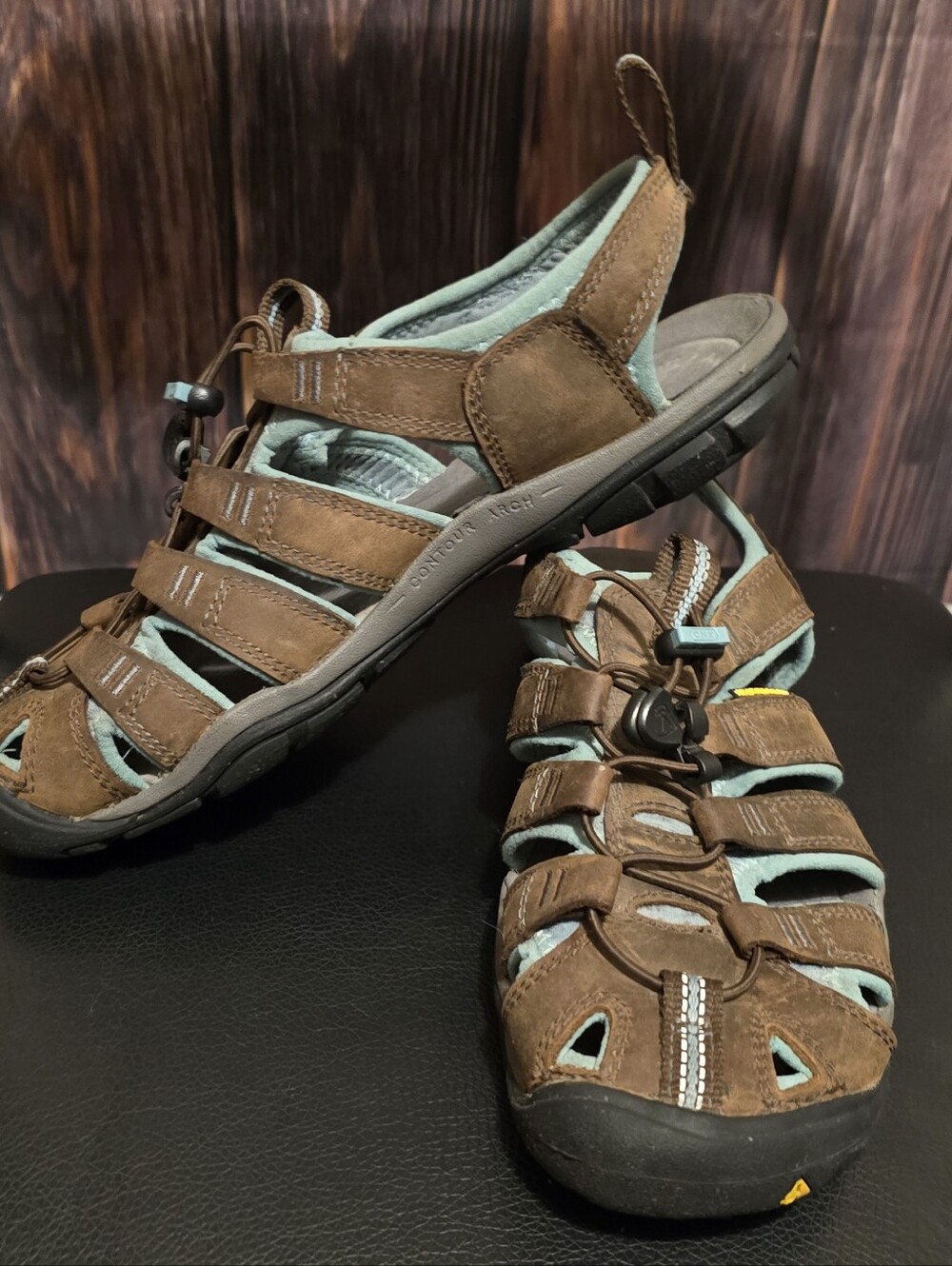 Keen Womens Sandal in Brown with Teal Accents hiking and waterproof.
